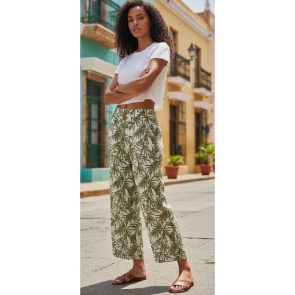 Nicole Miller New York Size Large 100% Linen Wide Leg Pants Green Palm Tropical